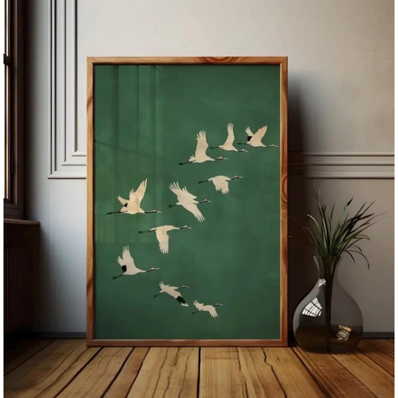 Home Office Japandi - Stampa su Tela Vintage con Gru